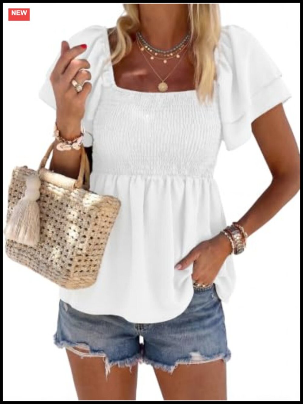 Women's Square Neck Peplum Top Ruffle Short Sleeve Smocked Blouse 95% Polyester